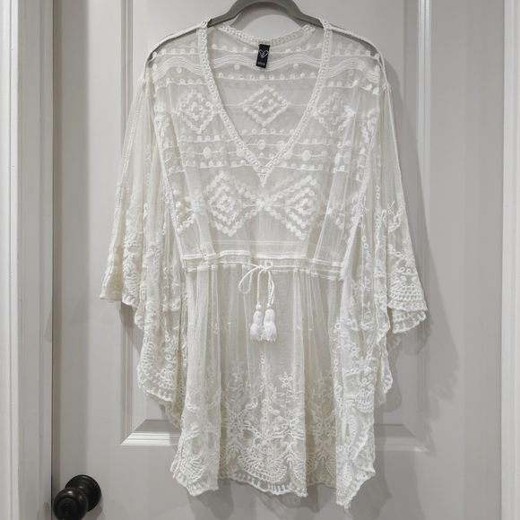 WINDSOR Ivory Mesh And Lace Beach Coverup, Small Medium, Drawstring Waist - Picture 11 of 16